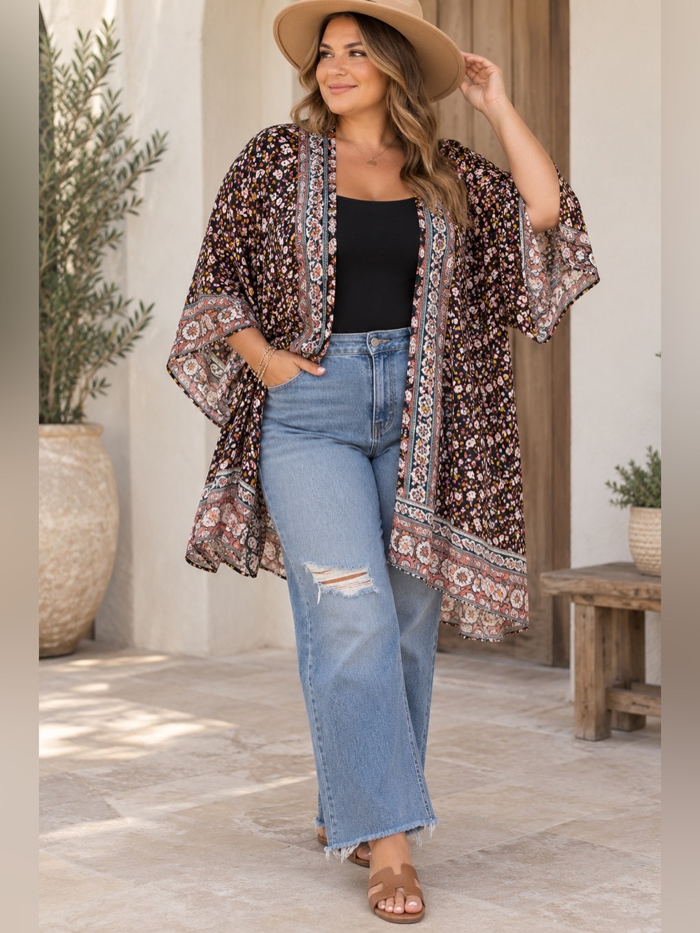 Knox Rose XXL Black Floral Border Print Open Front Kimono Duster